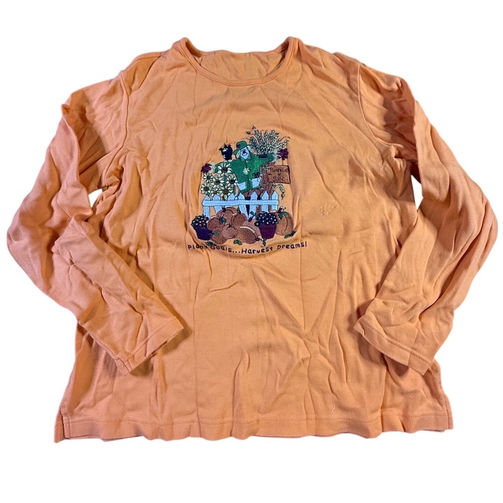 Quacker Factory Orange Harvest Scarecrow Embroidered Long Sleeve Top Medium